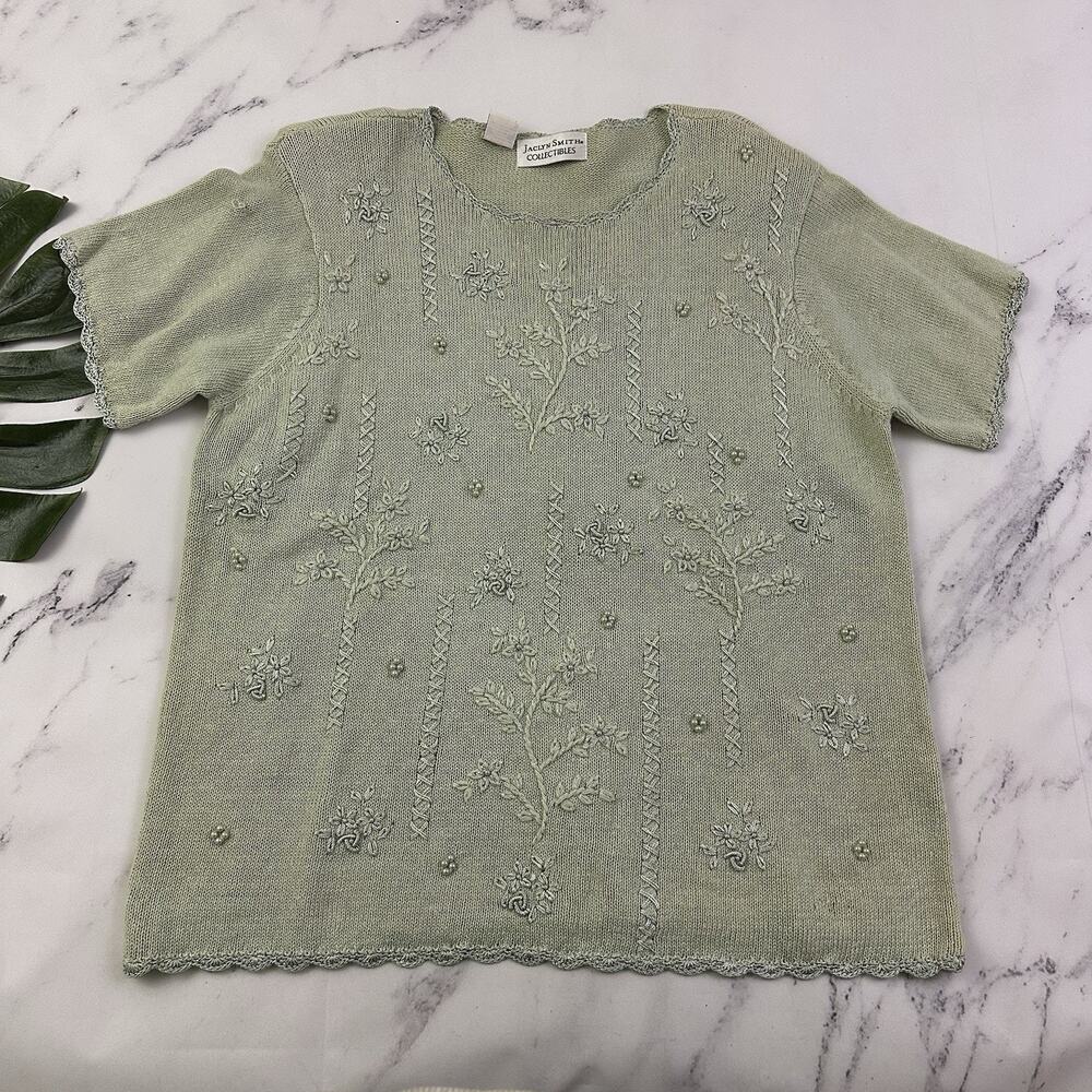 Jaclyn Smith Womens Vintage 90s Sweater Size L Pastel Green Beaded Embroidered